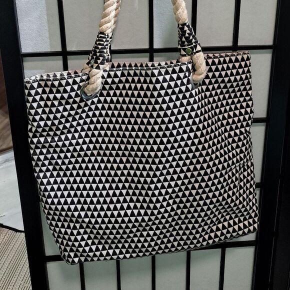 Boho tote bag black white multicolor geometric design rope handle pink interior - Picture 3 of 8